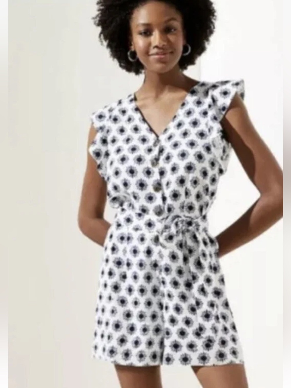 Loft Plus Romper Size 20 Batik Print V Neck Flutter Short Sleeve Linen Blend